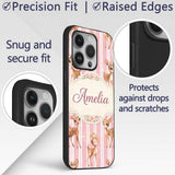 Cute Baby Deer Pink Stripes Floral Crown Seamless Custom Name Protective Phone Case Mobile Cover Durable Everyday Smartphone Shock Resistant