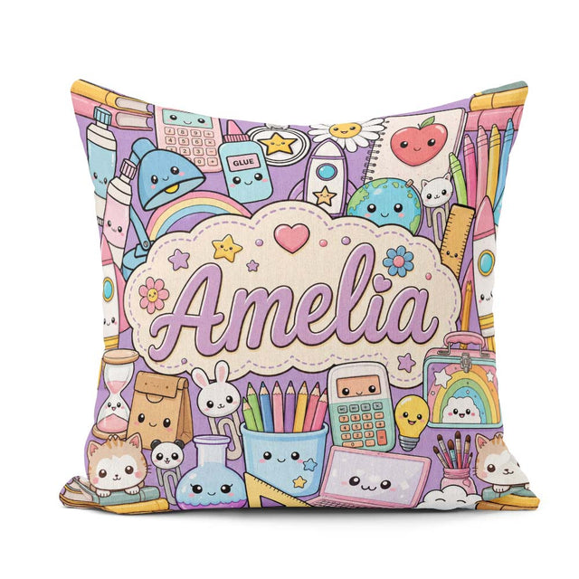 Custom Name Kawaii School Supplies Science Art Pattern Purple Square Filled Cushion Throw Pillow Sofa Bed Home Decor Zip Washable UK Made
