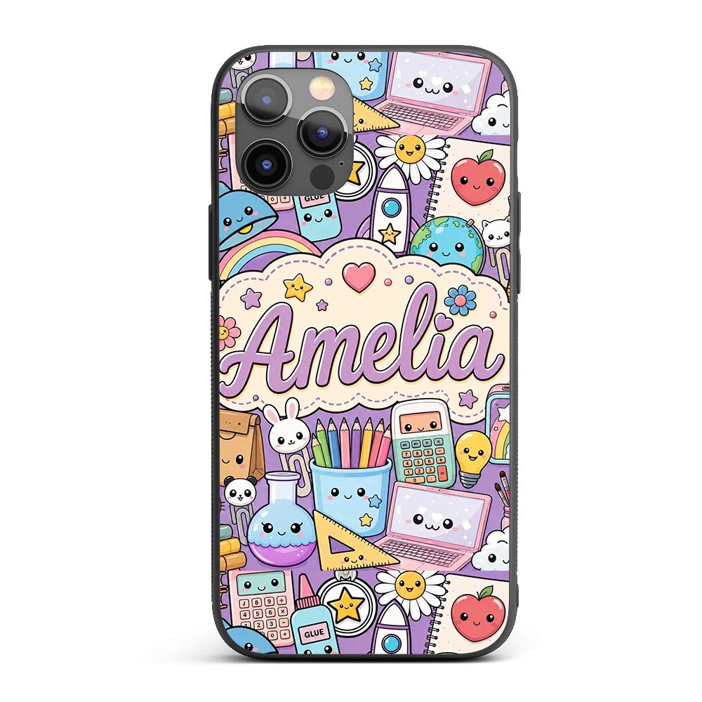 Cute Kawaii School Supplies Science Art Cute Custom Name Protective Phone Case Mobile Cover Durable Everyday Smartphone Shock Resistant