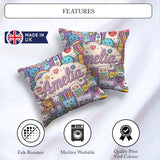 Custom Name Kawaii School Supplies Science Art Pattern Purple Square Filled Cushion Throw Pillow Sofa Bed Home Decor Zip Washable UK Made
