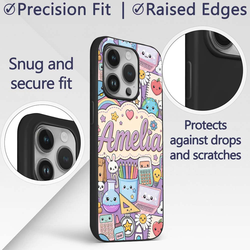 Cute Kawaii School Supplies Science Art Cute Custom Name Protective Phone Case Mobile Cover Durable Everyday Smartphone Shock Resistant