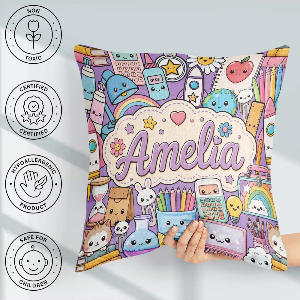 Custom Name Kawaii School Supplies Science Art Pattern Purple Square Filled Cushion Throw Pillow Sofa Bed Home Decor Zip Washable UK Made