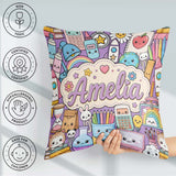 Custom Name Kawaii School Supplies Science Art Pattern Purple Square Filled Cushion Throw Pillow Sofa Bed Home Decor Zip Washable UK Made