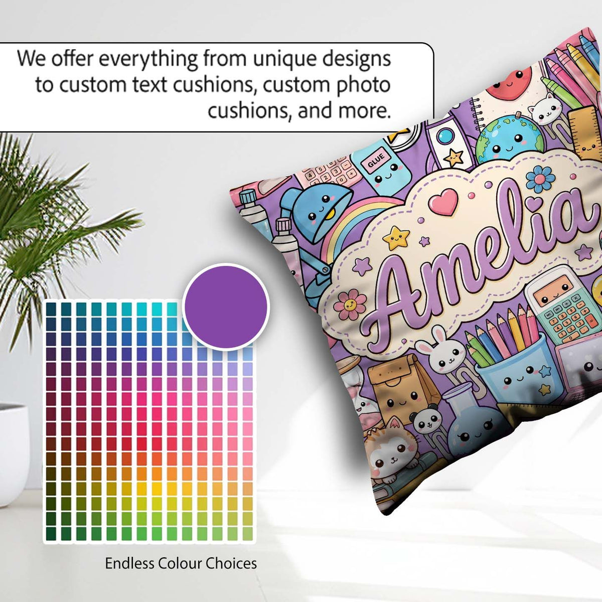 Custom Name Kawaii School Supplies Science Art Pattern Purple Square Filled Cushion Throw Pillow Sofa Bed Home Decor Zip Washable UK Made