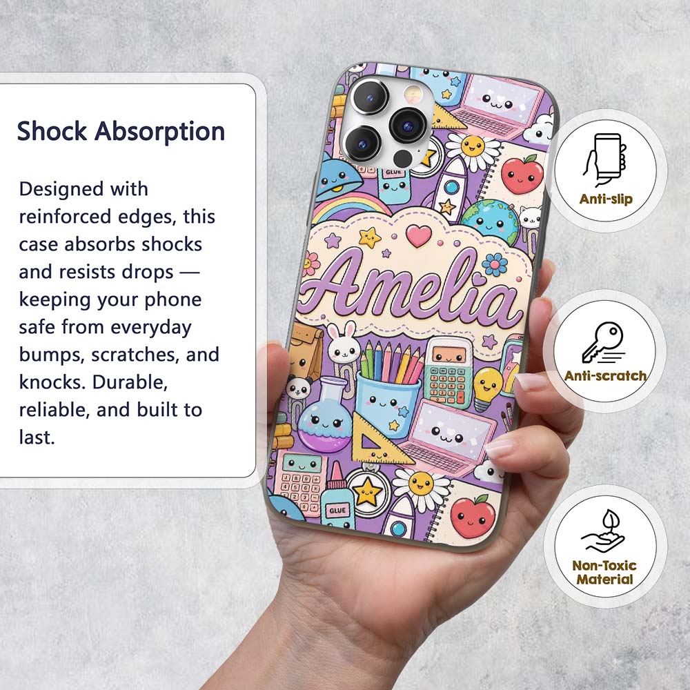Cute Kawaii School Supplies Science Art Cute Custom Name Protective Phone Case Mobile Cover Durable Everyday Smartphone Shock Resistant