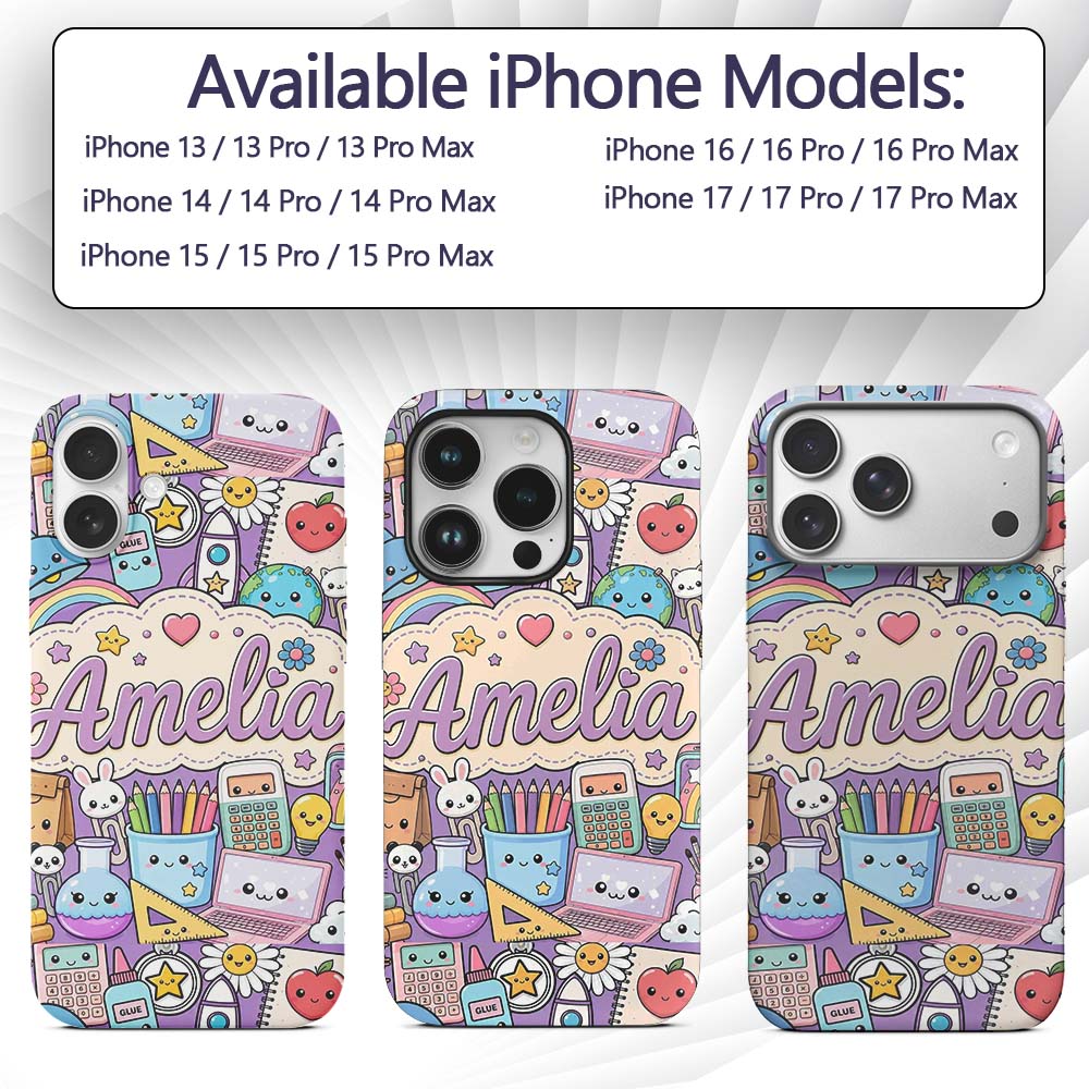 Cute Kawaii School Supplies Science Art Cute Custom Name Protective Phone Case Mobile Cover Durable Everyday Smartphone Shock Resistant