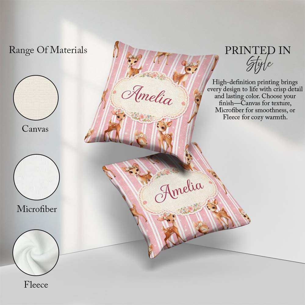 Custom Name Baby Deer Pink Stripes Floral Crown Seamless Pattern Square Filled Cushion Throw Pillow Sofa Bed Home Decor Zip Washable UK Made