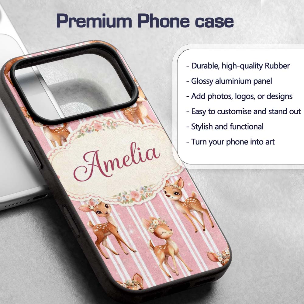 Cute Baby Deer Pink Stripes Floral Crown Seamless Custom Name Protective Phone Case Mobile Cover Durable Everyday Smartphone Shock Resistant