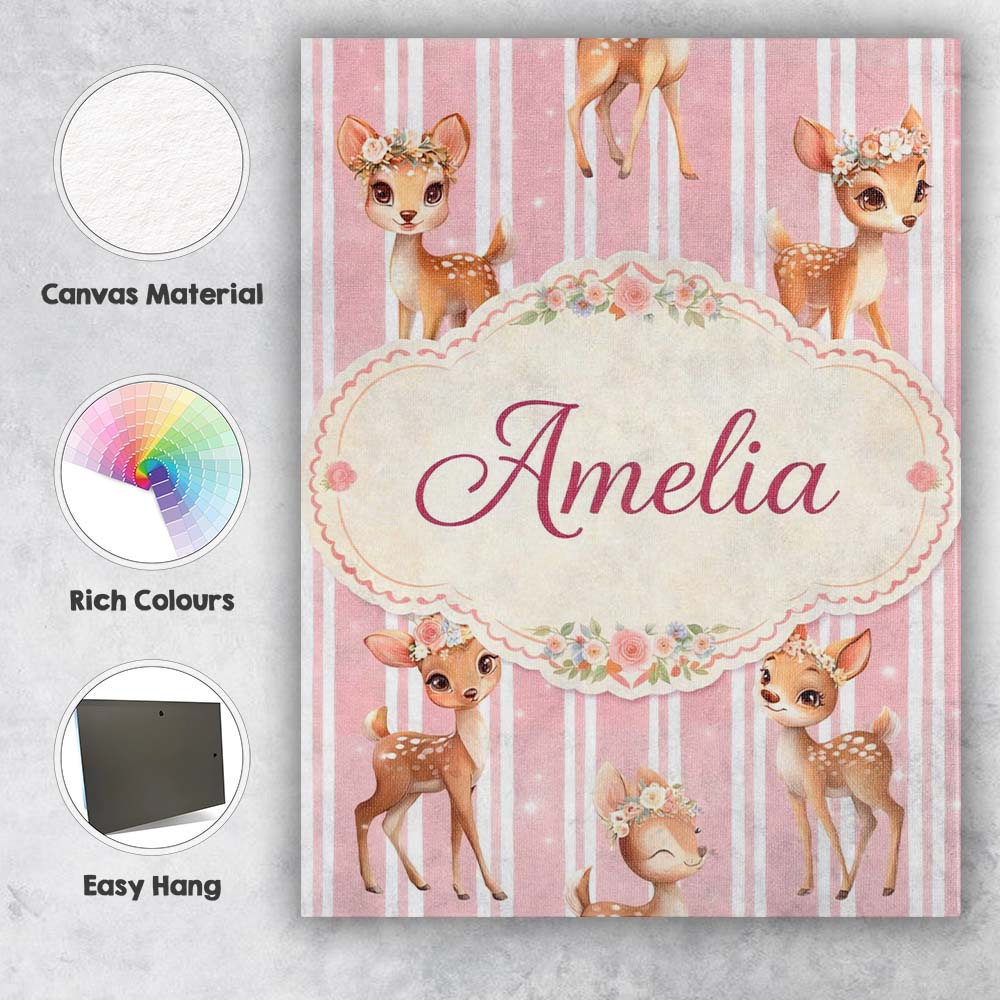 Personalised Name Cute Baby Deer Pink Stripes Floral Crown Seamless Custom Canvas Wall Art Print Decor Picture Ready to Hang