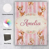 Personalised Name Cute Baby Deer Pink Stripes Floral Crown Seamless Custom Canvas Wall Art Print Decor Picture Ready to Hang