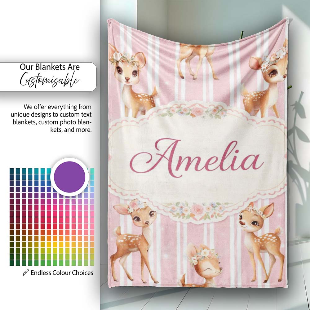 Cute Baby Deer Pink Stripes Floral Crown Seamless Pattern Lovely  Personalised Custom Name Super Soft Fleece Blanket Bed Sofa Throw
