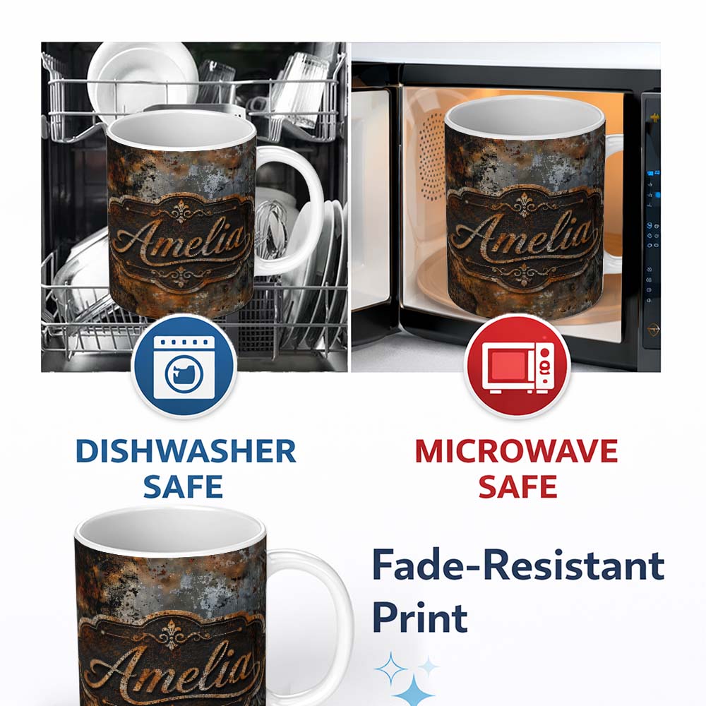 Personalized Custom Name Blue Grey Rust Oxidation Texture Industrial Grunge Seamless Pattern 11oz Ceramic Coffee Tea Mug White Large Handle