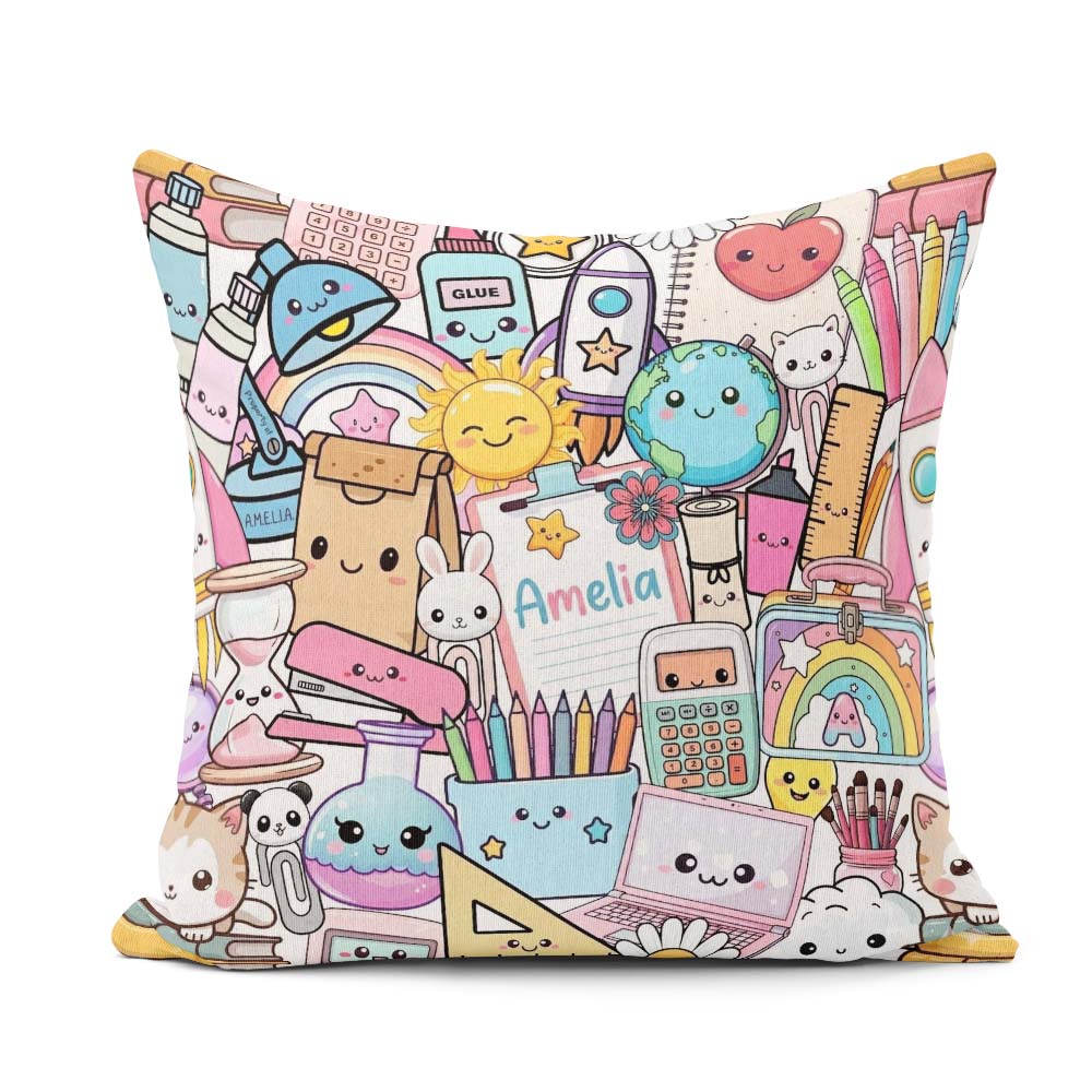 Custom Name Cute Kawaii School Supplies Science Art Pattern Grey Square Filled Cushion Throw Pillow Sofa Bed Home Decor Zip Washable UK Made