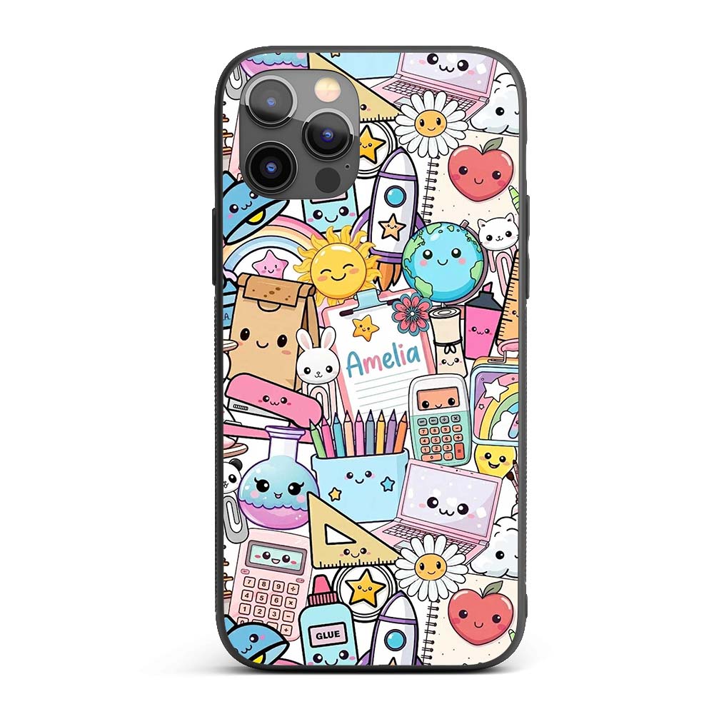 Cute Kawaii School Supplies Science Art Cute Custom Name Protective Phone Case Mobile Cover Durable Everyday Smartphone Shock Resistant