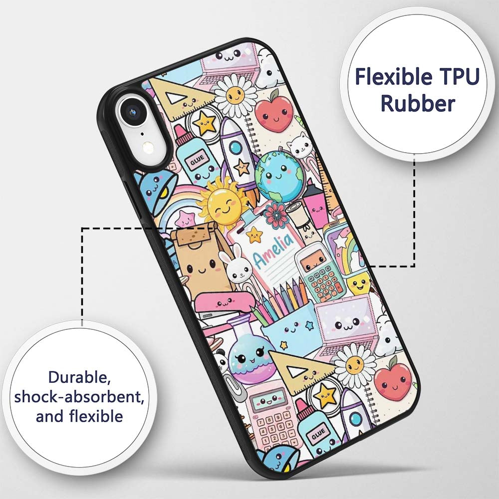 Cute Kawaii School Supplies Science Art Cute Custom Name Protective Phone Case Mobile Cover Durable Everyday Smartphone Shock Resistant