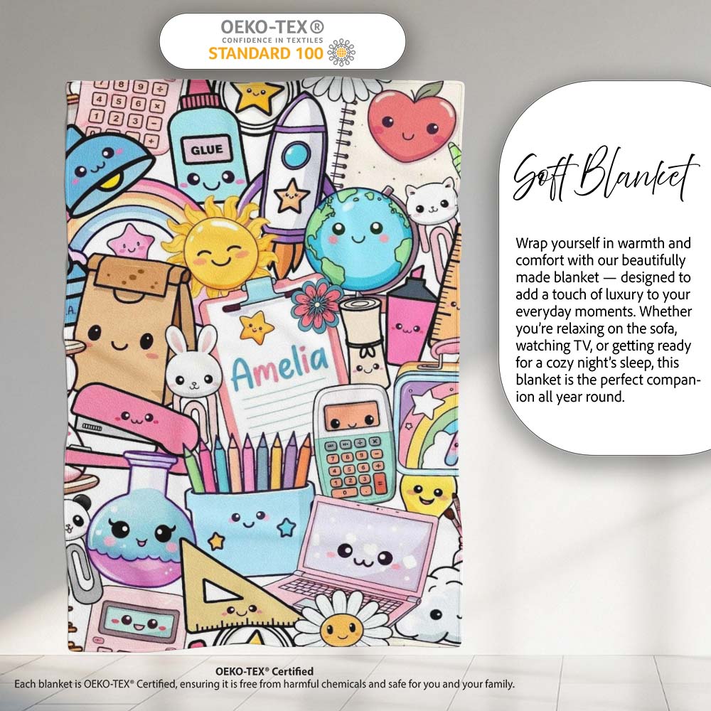 Cute Kawaii School Supplies Science Art Cute Pattern Grey Background  Personalised Custom Name Super Soft Fleece Blanket Bed Sofa Throw