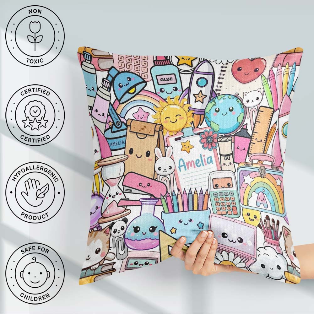 Custom Name Cute Kawaii School Supplies Science Art Pattern Grey Square Filled Cushion Throw Pillow Sofa Bed Home Decor Zip Washable UK Made