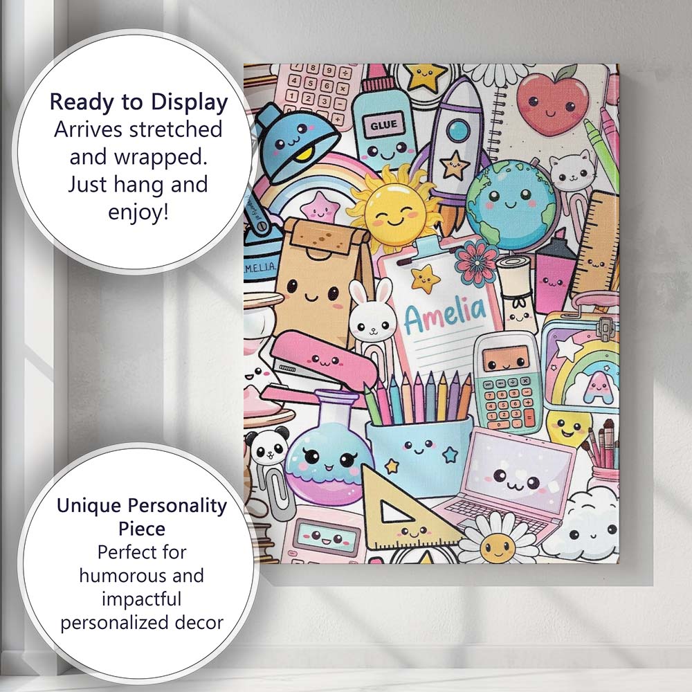 Personalised Name Cute Kawaii School Custom Premium Decorative Design Modern Room Accent Canvas Wall Art Print Decor Picture Ready to Hang