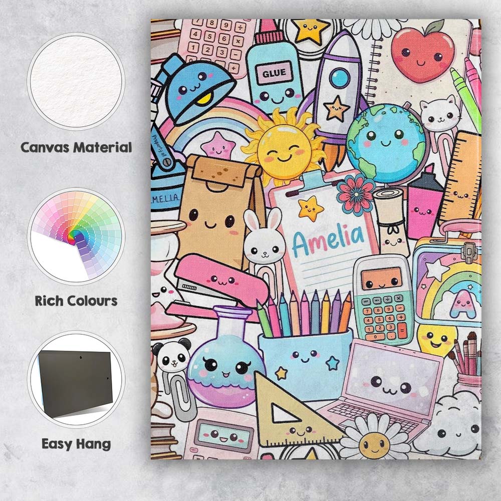 Personalised Name Cute Kawaii School Custom Premium Decorative Design Modern Room Accent Canvas Wall Art Print Decor Picture Ready to Hang