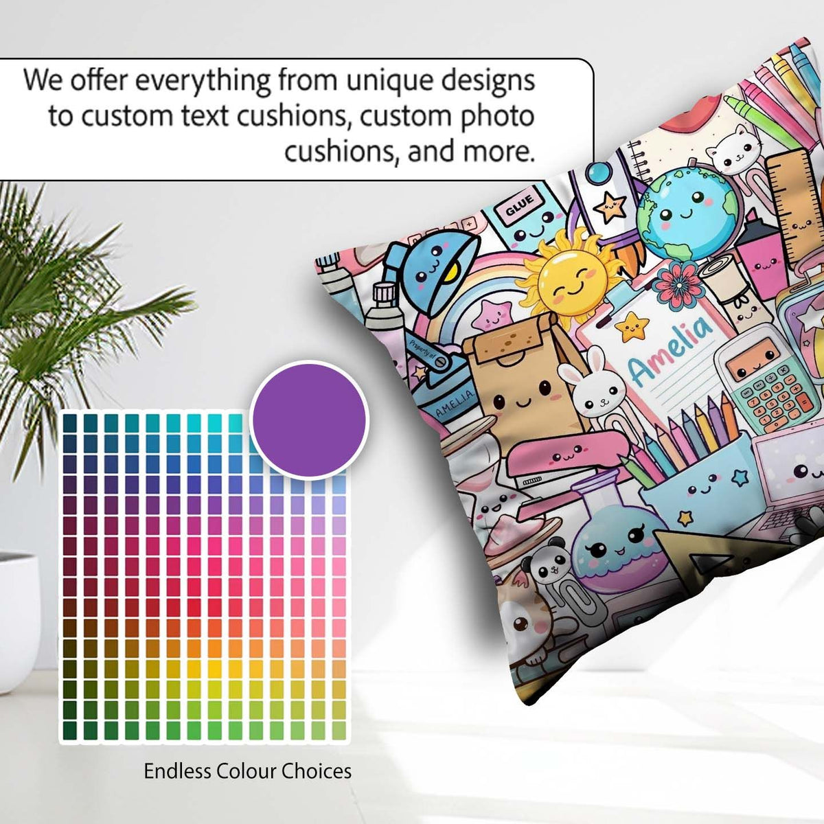 Custom Name Cute Kawaii School Supplies Science Art Pattern Grey Square Filled Cushion Throw Pillow Sofa Bed Home Decor Zip Washable UK Made