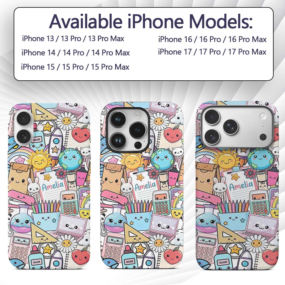 Cute Kawaii School Supplies Science Art Cute Custom Name Protective Phone Case Mobile Cover Durable Everyday Smartphone Shock Resistant