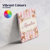 Personalised Name Cute Baby Deer Pink Stripes Floral Crown Seamless Custom Canvas Wall Art Print Decor Picture Ready to Hang