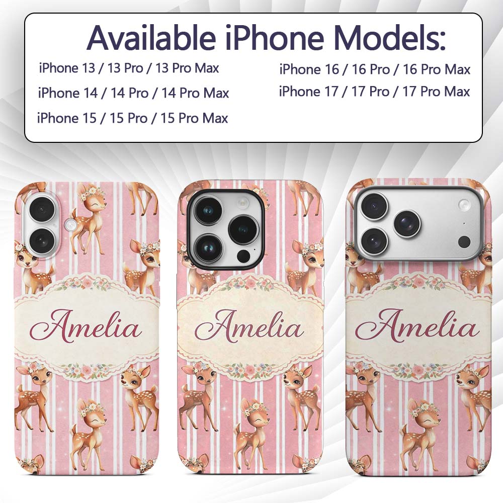 Cute Baby Deer Pink Stripes Floral Crown Seamless Custom Name Protective Phone Case Mobile Cover Durable Everyday Smartphone Shock Resistant
