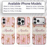 Cute Baby Deer Pink Stripes Floral Crown Seamless Custom Name Protective Phone Case Mobile Cover Durable Everyday Smartphone Shock Resistant