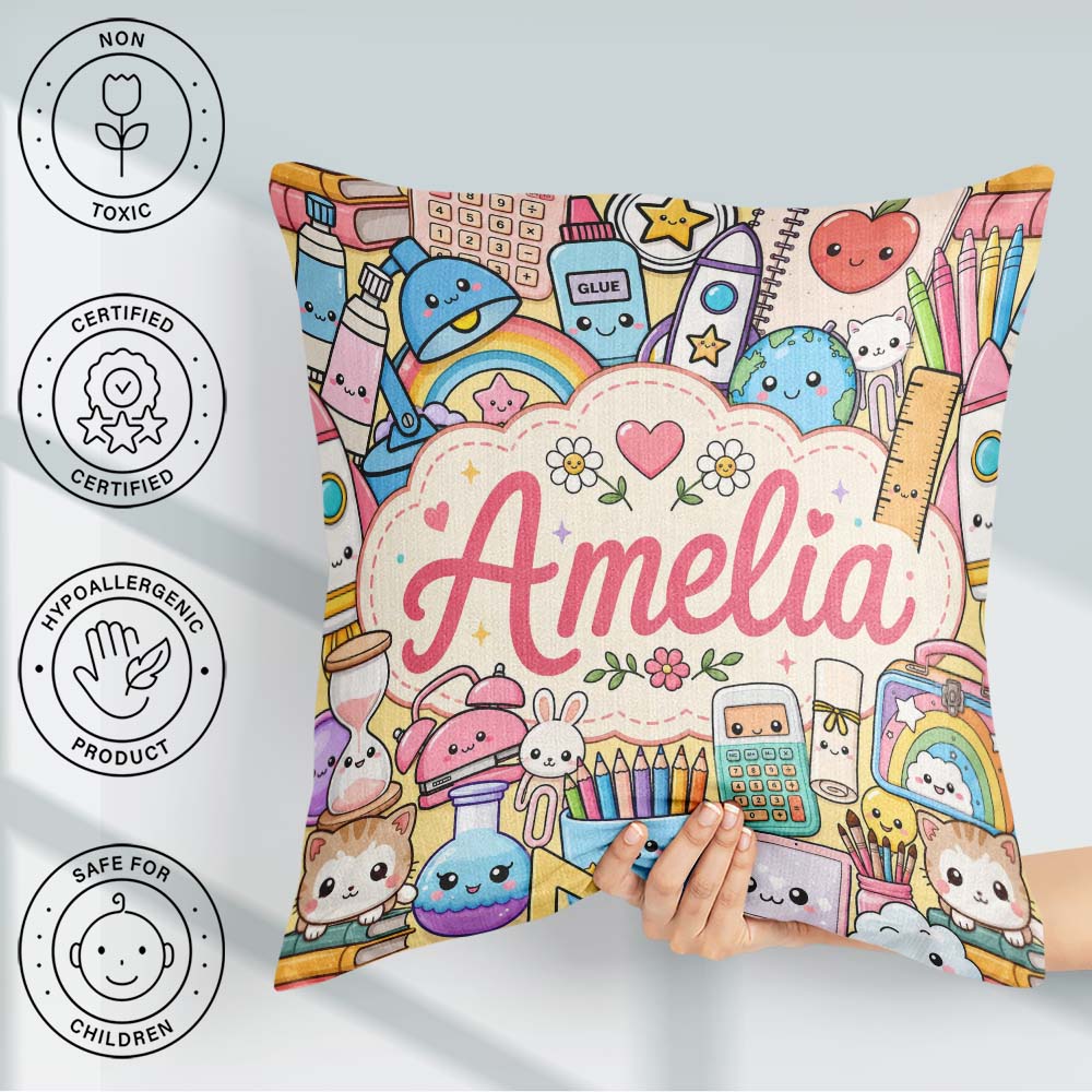 Custom Name Kawaii School Supplies Science Art Pattern Yellow Square Filled Cushion Throw Pillow Sofa Bed Home Decor Zip Washable UK Made