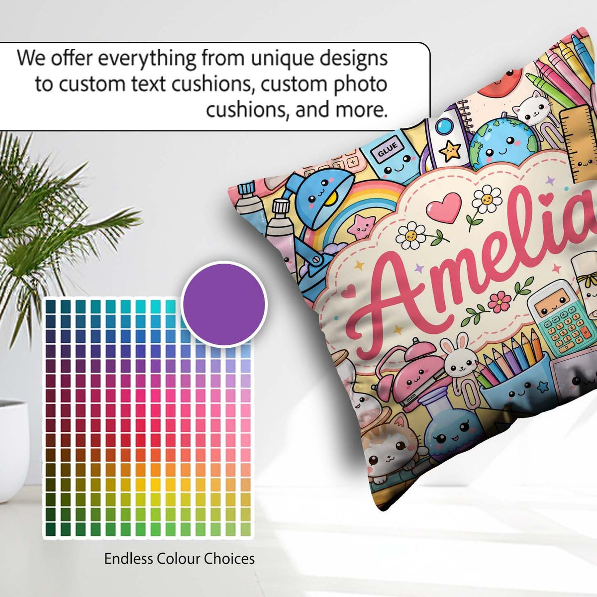 Custom Name Kawaii School Supplies Science Art Pattern Yellow Square Filled Cushion Throw Pillow Sofa Bed Home Decor Zip Washable UK Made