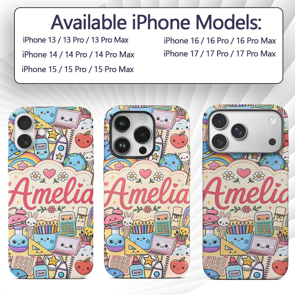 Cute Kawaii School Supplies Science Art Cute Custom Name Protective Phone Case Mobile Cover Durable Everyday Smartphone Shock Resistant