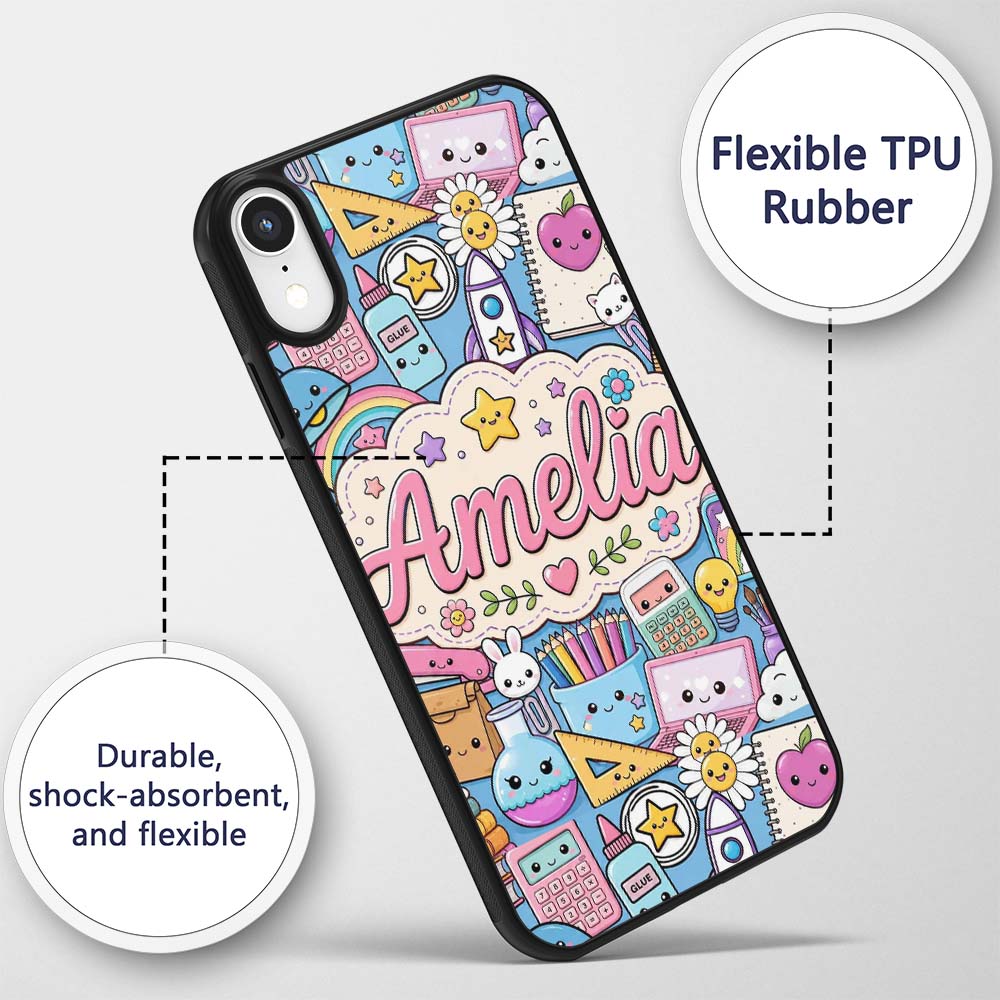 Cute Kawaii School Supplies Science Art Cute Custom Name Protective Phone Case Mobile Cover Durable Everyday Smartphone Shock Resistant