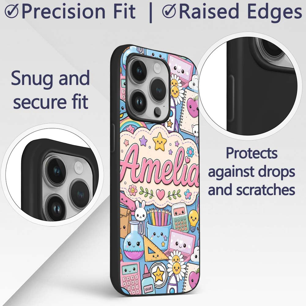 Cute Kawaii School Supplies Science Art Cute Custom Name Protective Phone Case Mobile Cover Durable Everyday Smartphone Shock Resistant