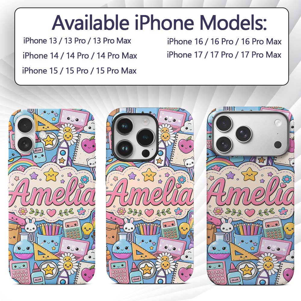 Cute Kawaii School Supplies Science Art Cute Custom Name Protective Phone Case Mobile Cover Durable Everyday Smartphone Shock Resistant