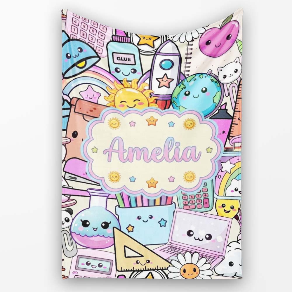 Cute Kawaii School Supplies Science Art Cute Pattern Purple Lovely  Personalised Custom Name Super Soft Fleece Blanket Bed Sofa Throw