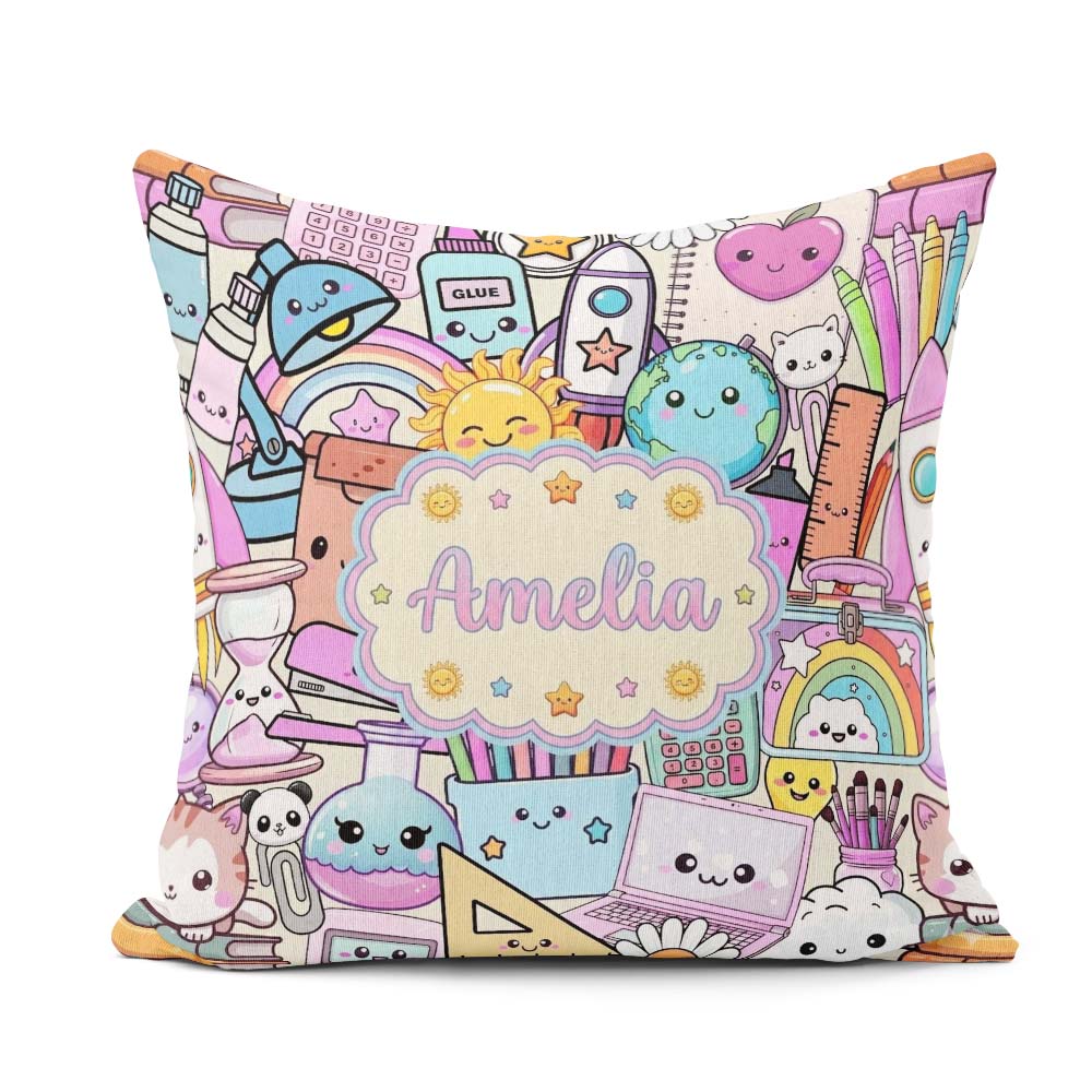 Custom Name Kawaii School Supplies Science Art Pattern Purple Square Filled Cushion Throw Pillow Sofa Bed Home Decor Zip Washable UK Made
