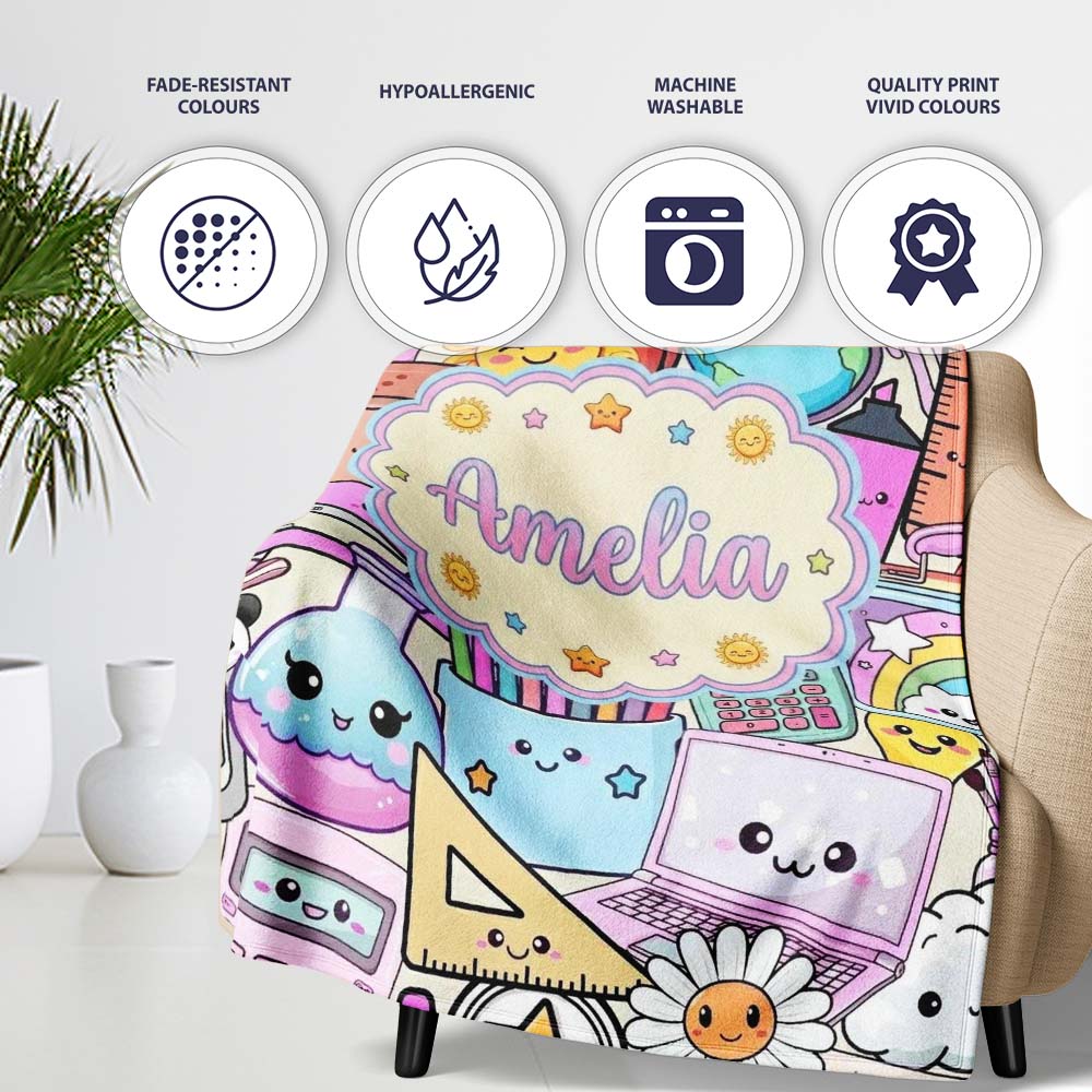 Cute Kawaii School Supplies Science Art Cute Pattern Purple Lovely  Personalised Custom Name Super Soft Fleece Blanket Bed Sofa Throw