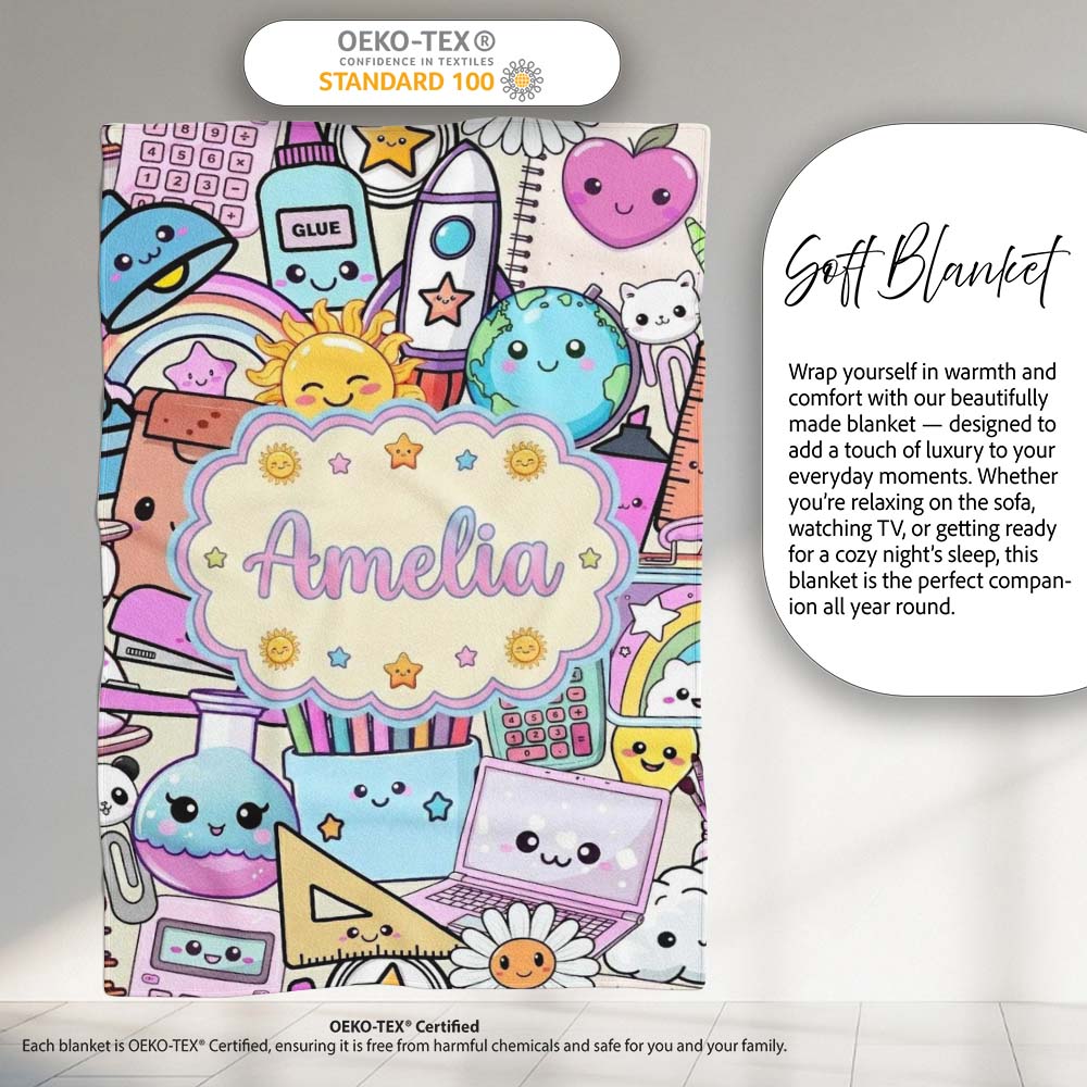 Cute Kawaii School Supplies Science Art Cute Pattern Purple Lovely  Personalised Custom Name Super Soft Fleece Blanket Bed Sofa Throw