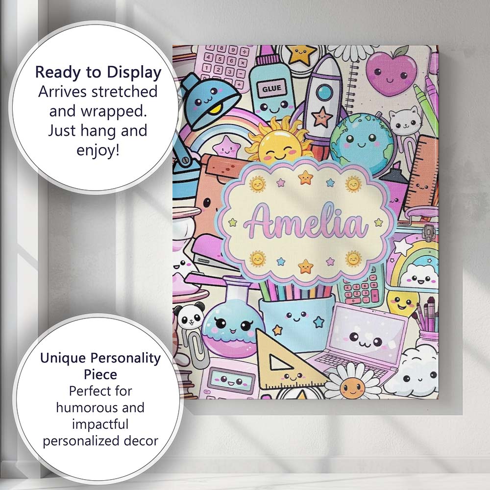 Personalised Name Cute Kawaii School Custom Premium Decorative Design Modern Room Accent Canvas Wall Art Print Decor Picture Ready to Hang