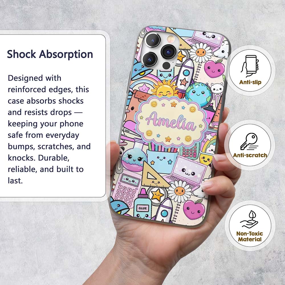 Cute Kawaii School Supplies Science Art Cute Custom Name Protective Phone Case Mobile Cover Durable Everyday Smartphone Shock Resistant