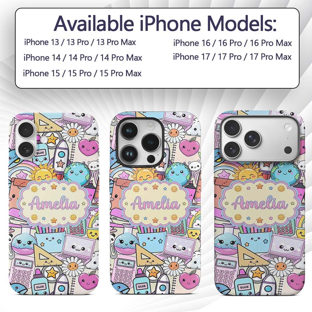Cute Kawaii School Supplies Science Art Cute Custom Name Protective Phone Case Mobile Cover Durable Everyday Smartphone Shock Resistant