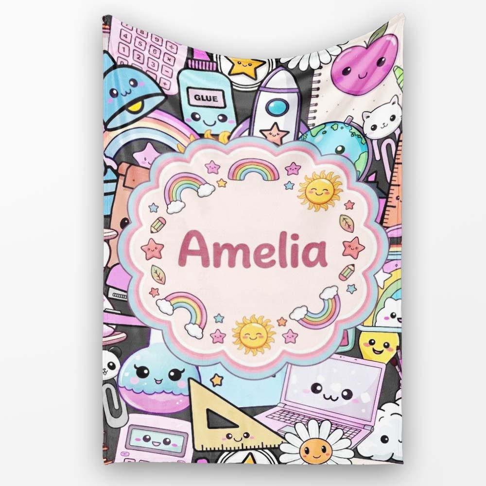 Cute Kawaii School Supplies Rainbow Sun Globe Notebook Pattern Grey  Personalised Custom Name Super Soft Fleece Blanket Bed Sofa Throw