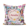 Custom Name Cute Kawaii Supplies Rainbow Sun Globe Notebook Grey Square Filled Cushion Throw Pillow Sofa Bed Home Decor Zip Washable UK Made