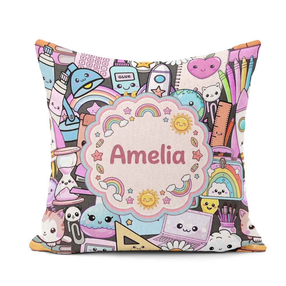 Custom Name Cute Kawaii Supplies Rainbow Sun Globe Notebook Grey Square Filled Cushion Throw Pillow Sofa Bed Home Decor Zip Washable UK Made