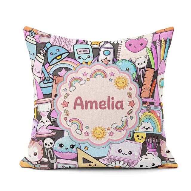 Custom Name Cute Kawaii Supplies Rainbow Sun Globe Notebook Grey Square Filled Cushion Throw Pillow Sofa Bed Home Decor Zip Washable UK Made