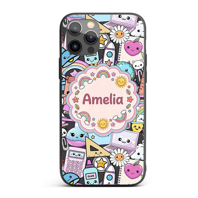 Cute Kawaii School Supplies Rainbow Sun Globe Custom Name Protective Phone Case Mobile Cover Durable Everyday Smartphone Shock Resistant