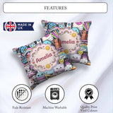 Custom Name Cute Kawaii Supplies Rainbow Sun Globe Notebook Grey Square Filled Cushion Throw Pillow Sofa Bed Home Decor Zip Washable UK Made