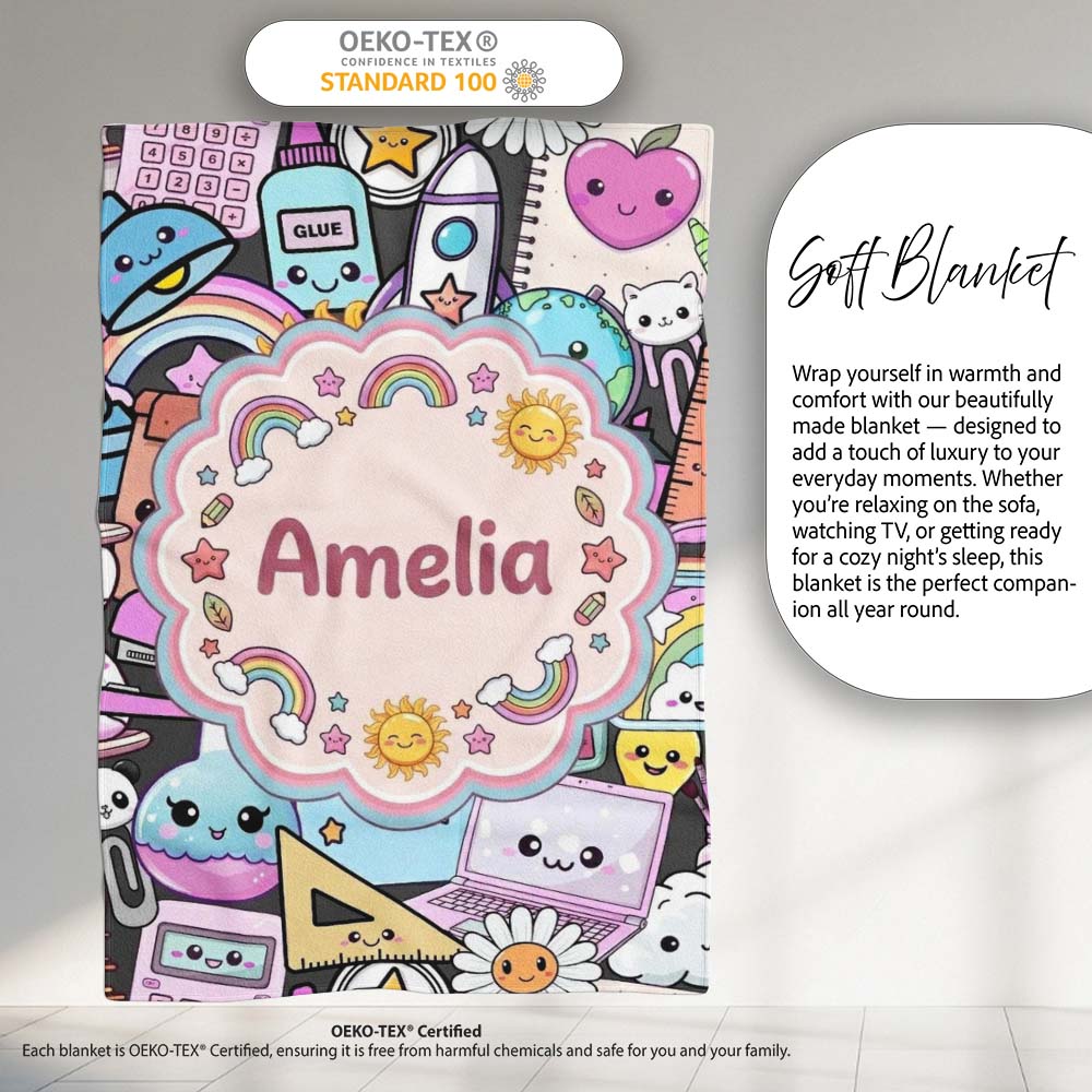 Cute Kawaii School Supplies Rainbow Sun Globe Notebook Pattern Grey  Personalised Custom Name Super Soft Fleece Blanket Bed Sofa Throw