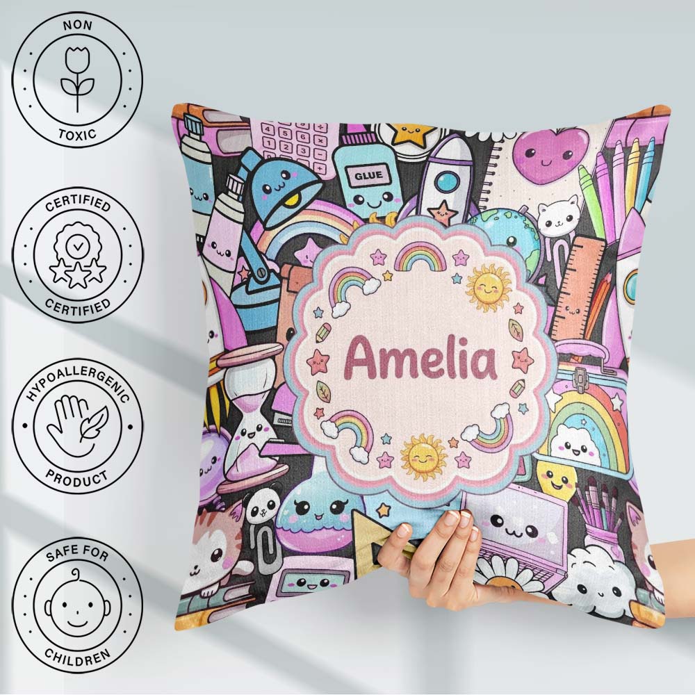 Custom Name Cute Kawaii Supplies Rainbow Sun Globe Notebook Grey Square Filled Cushion Throw Pillow Sofa Bed Home Decor Zip Washable UK Made