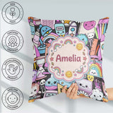 Custom Name Cute Kawaii Supplies Rainbow Sun Globe Notebook Grey Square Filled Cushion Throw Pillow Sofa Bed Home Decor Zip Washable UK Made